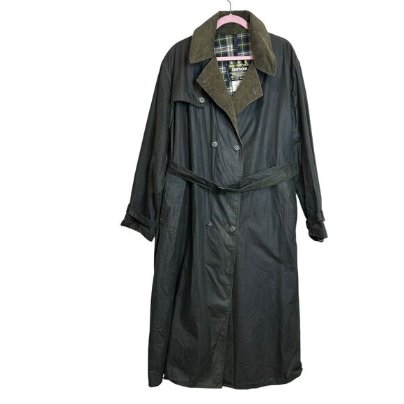 Barbour Vintage Double Breast Belted Long Trench Coat C44/112CM Waxed Cotton XL - Picture 1 of 10